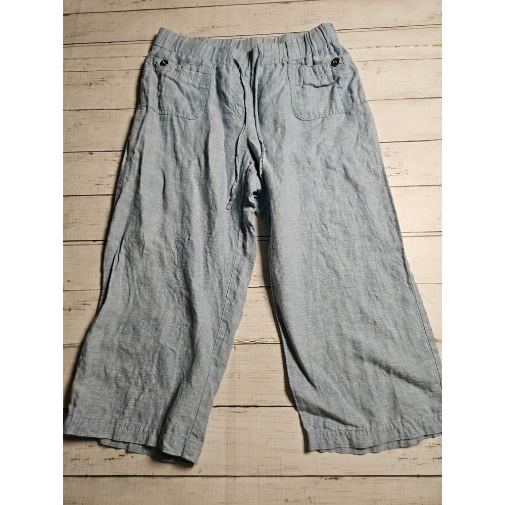 JM Collection Petite Blue 100% Linen Crop Drawstring Pants Size 10P Wide Leg